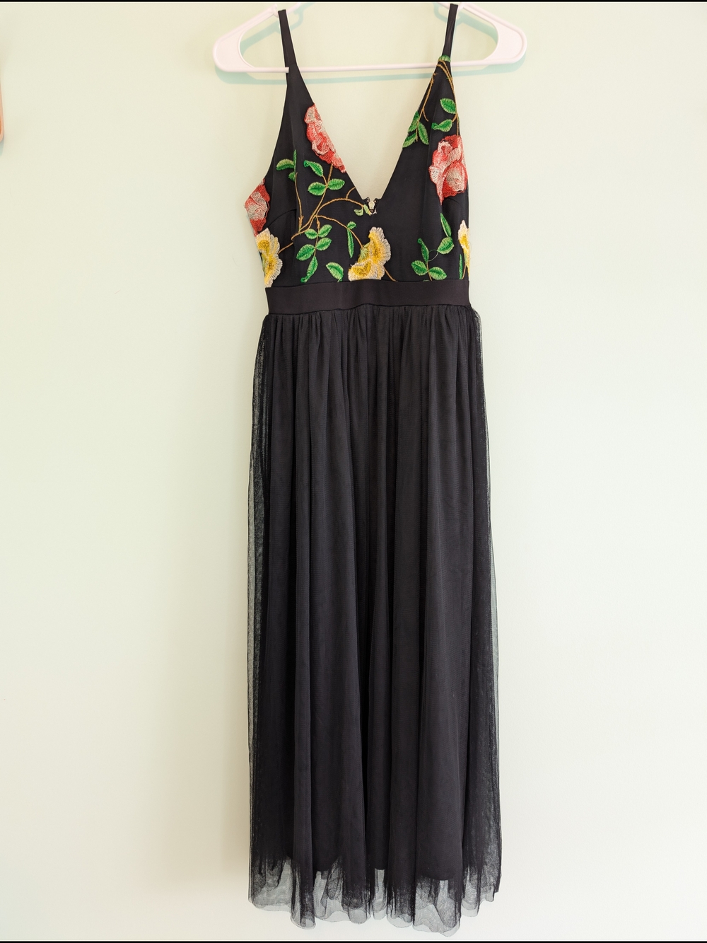 Black Floral Embroidered Women's Tulle Midi Dress- Medium